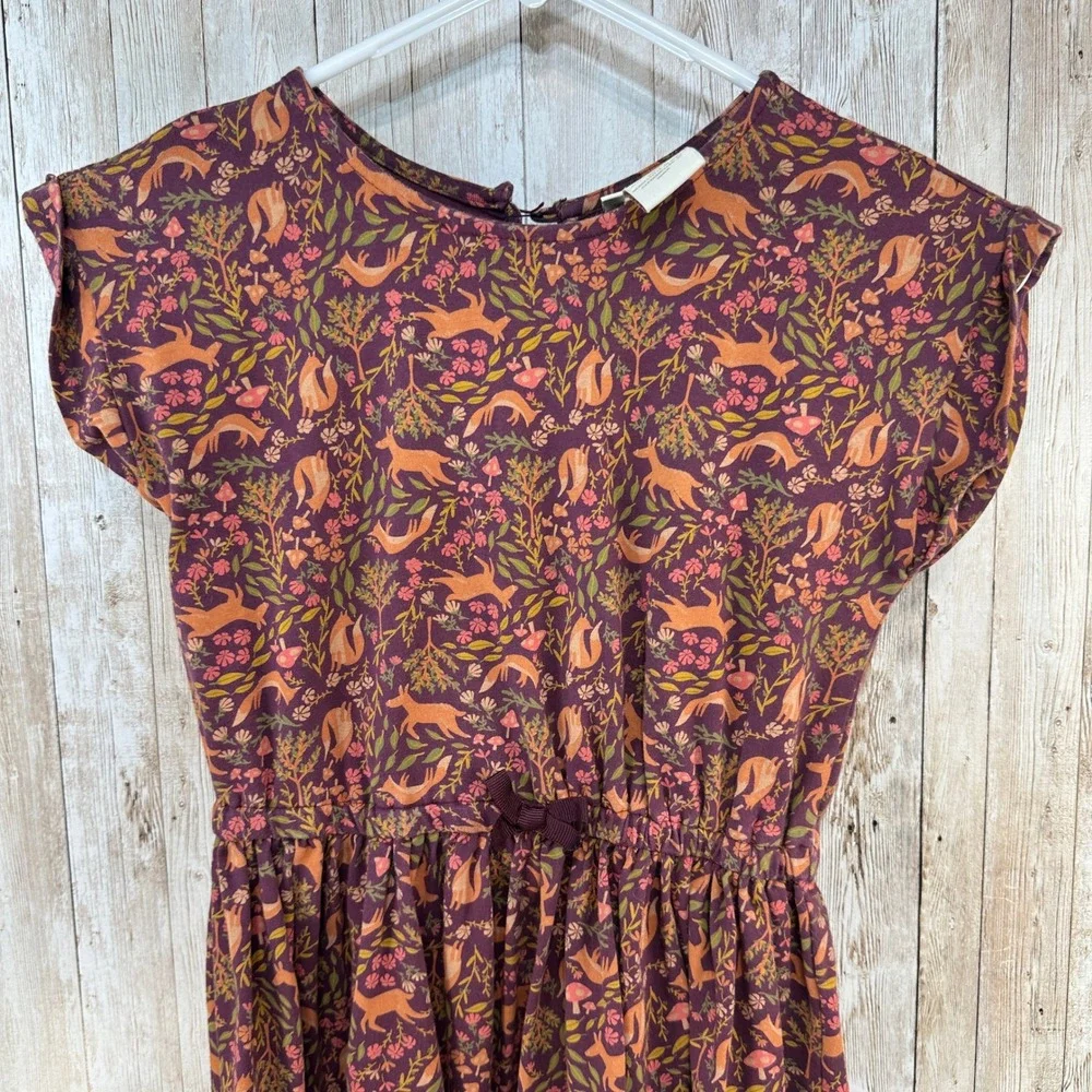 Cynthia Rowley Girls Fox Forest Print Dress Purple Orange Elastic Waist Size 7 8